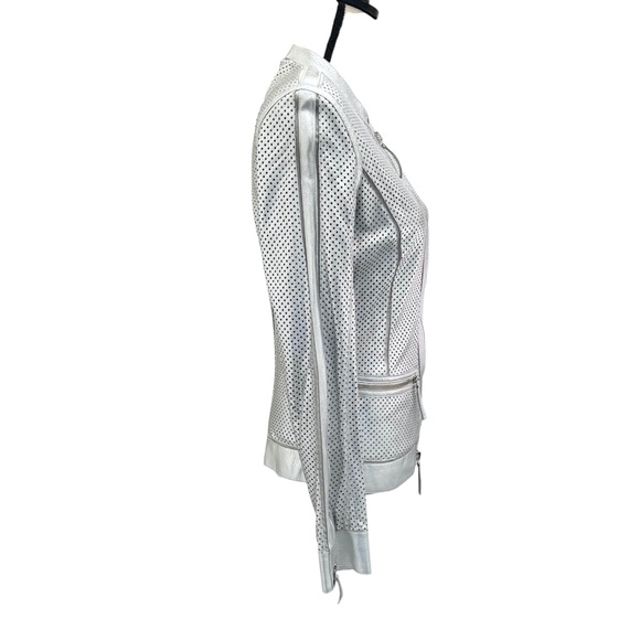 ROBERTO CAVALLI SILVER PERFORATED LEATHER FITTED FULL ZIP JACKET - WAS ALTERED - Picture 3 of 16